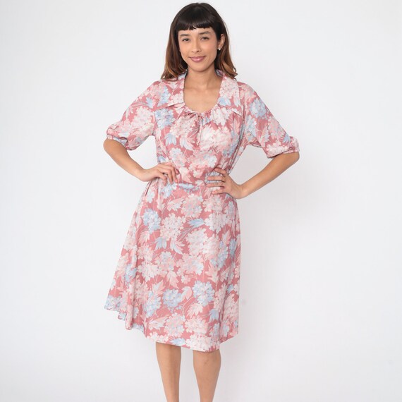 Pink Floral Dress 70s Midi Dress Puff Sleeve Collared Bow Tie High Waisted Day Dress Retro Boho Hippie Summer Vintage 1970s Medium Large
