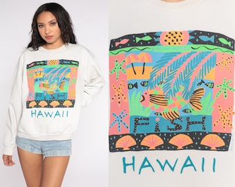 Hawaii Fish Sweatshirt Neon Hawaiian Sweatshirt 80s Sweatshirt Graphic Print Slouch Pullover 90s Shirt Vintage White Large L