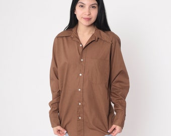 Cocoa Brown Shirt 70s Disco Shirt Button up Wing Collar Top Long Sleeve Blouse Retro Plain Basic Collared Vintage 1970s Mens Medium 15 33