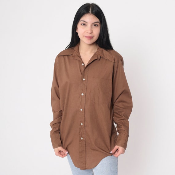 Cocoa Brown Shirt 70s Disco Shirt Button up Wing Collar Top Long Sleeve Blouse Retro Plain Basic Collared Vintage 1970s Mens Medium 15 33