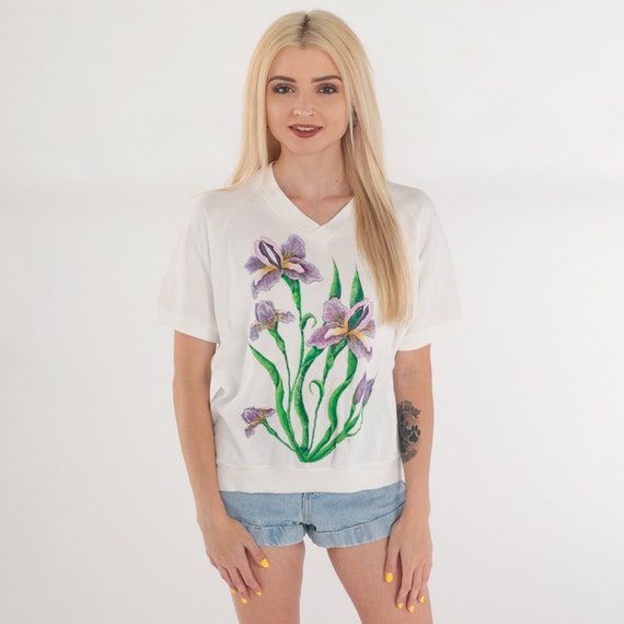 Iris Shirt 80s Glitter Floral Top Flower Graphic Tee Retro V Neck Short Sleeve Slouchy Banded Hem Summer Blouse White Vintage 1980s Large L