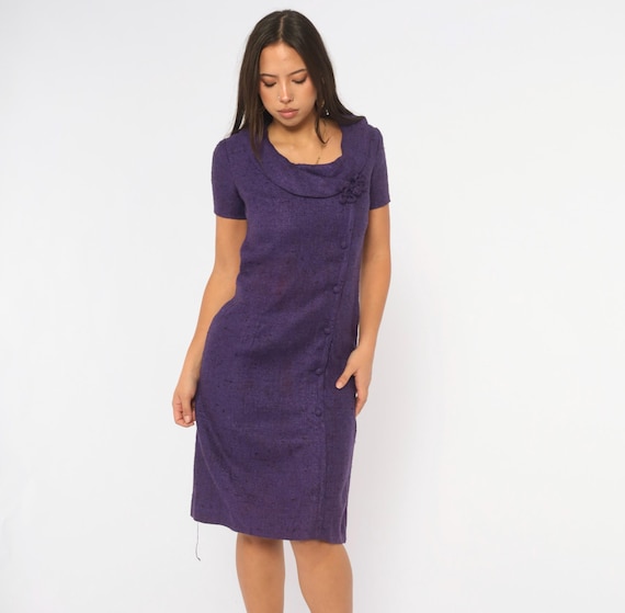 60s Purple Tweed Dress Alison Ayres Shawl Collar Button Front Shift Mod Secretary Day Dress Rosette Trim Violet Space Age Vintage Medium M