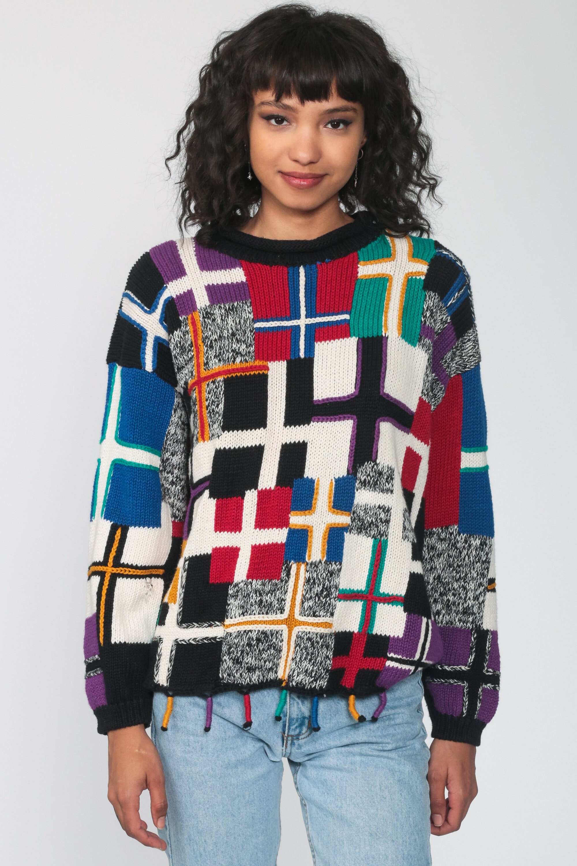 90s Sweater Patchwork Sweater FRINGE Geometric Flag Print Knit Jumper Streetwear Statement 