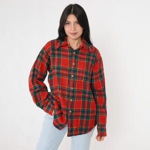 Vintage Wool Plaid Shirt 70s Red Tartan Button Up Long Sleeve Checkered 1970s Boyfriend Shirt Men&#39;s Large 16 - 16 1/2