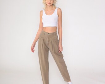 Brown Pleated Trousers 90s Cotton Slacks High Waisted Pants