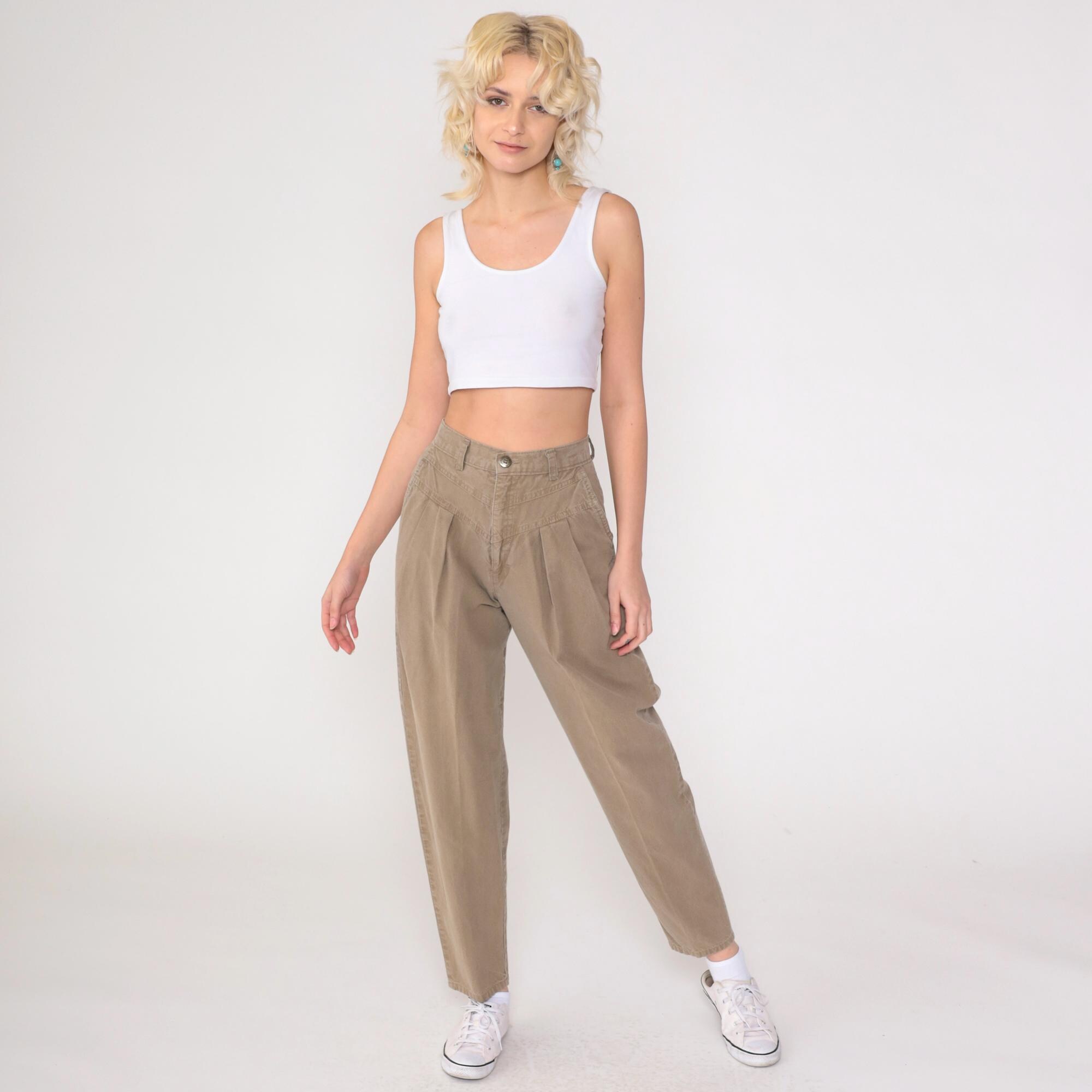 Brown Pleated Trousers 90s Cotton Slacks High Waisted Pants
