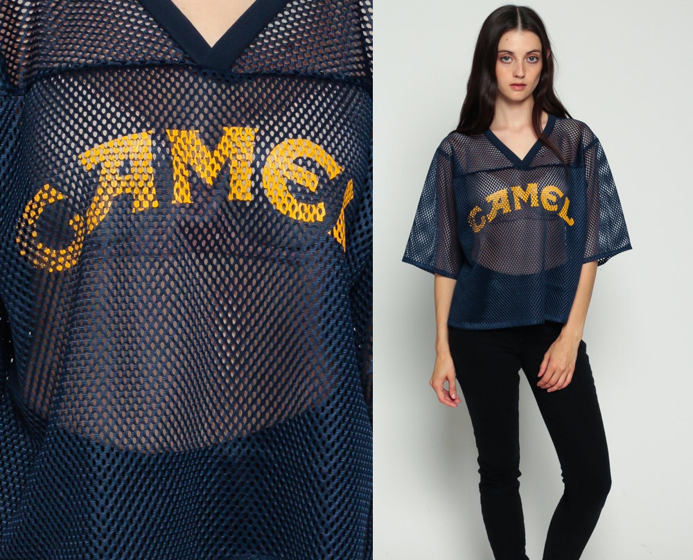 Camel Shirt Mesh Shirt Cigarettes Football Jersey Sheer Tshirt Navy Blue  Vintage 80s V Neck Sports Cut Out Top 90s Retro Club T Large Xl