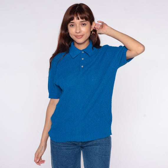 70s Blue Polo Shirt Collared Knit Top Button Neck Preppy Collegiate Tennis Blouse Textured Vintage Bright Royal Cobalt Mod Ribbed Small S