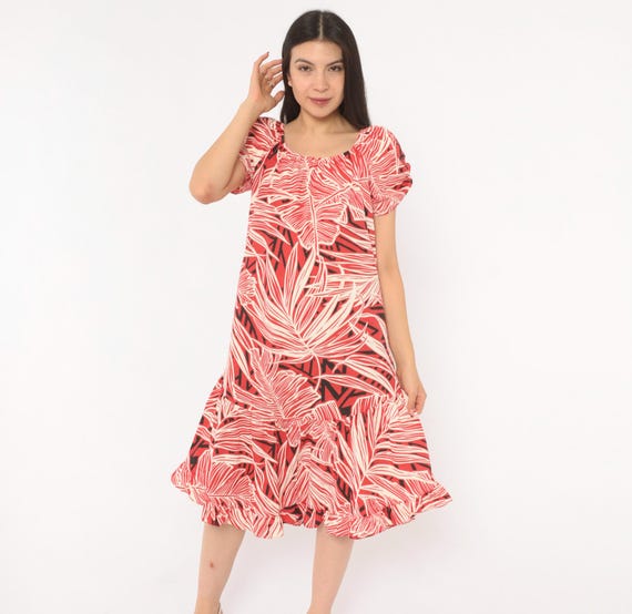 80s Tropical Leaf Print Dress Red White Puff Sleeve Ruffle Hem Cotton Blend Summer Hawaiian Floral Pullover Vintage Frock Extra Small XS