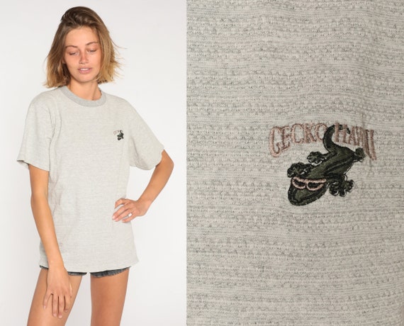 Gecko Hawaii Shirt 90s Heather Grey Ribbed T-shirt Retro Surfer Lizard Embroidered Logo Tee Surf TShirt Plain Vintage 1990s Cotton Large L