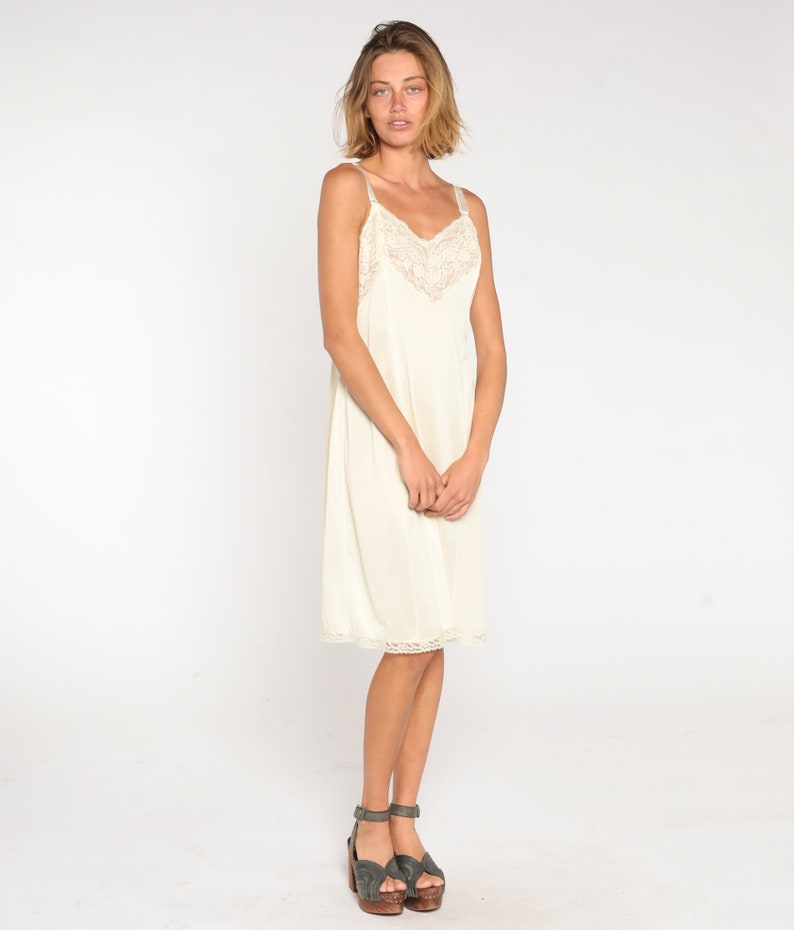 70s Slip Dress off White Lace Floral Trim Knee Length Midi Etsy