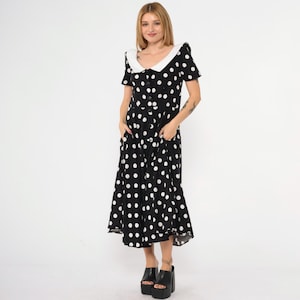 Vintage Polka Dot Dress 80s Black White Button Up High Waisted Shirtdress Midi 1980s Short Sleeve A-Line Flared Contrast Collared 7/8 Medium