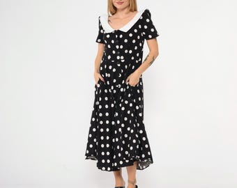 Robe vintage à pois des années 80, noire et blanche boutonnée, robe chemise taille haute mi-longue des années 80 à manches courtes trapèze évasée avec col contrasté 7/8 moyen