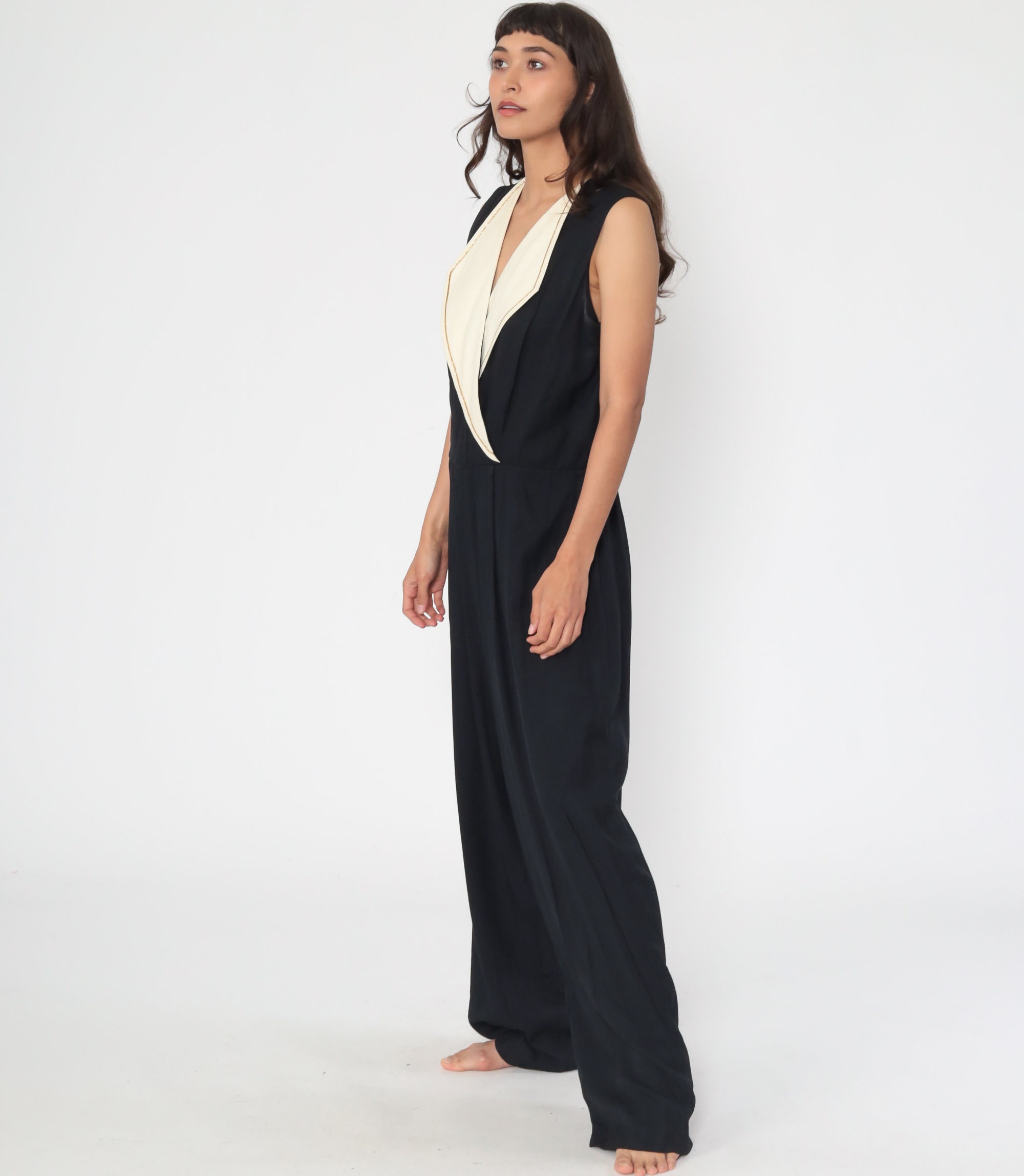 Black Jumpsuit Tall Tapered Jumpsuit 80s Jumpsuit Deep V Neck Gold Trim High Waisted Pant 1980s