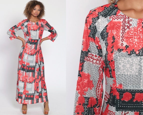 70s Maxi Dress Patchwork ABSTRACT PRINT High Waist White Hippie Boho Red 1970s Geometric Black Long Sleeve High Waist Vintage Bohemian Small