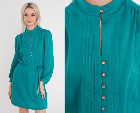Teal Green Dress 80s Mini Dress Pleated Button Up… - image 1