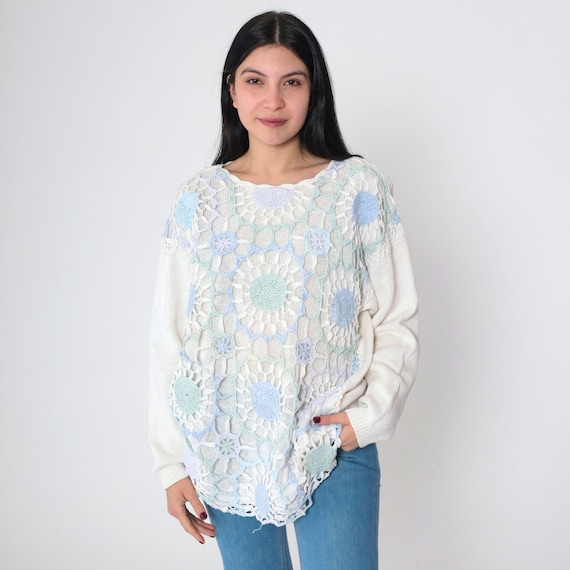 90s Crochet Sweater White Doily Knit Sweater Long Sleeve Pullover Retro Geometric Pastel Girly Ramie Cotton Vintage 1990s Extra Large xl