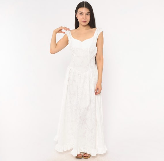 80s White Cotton Maxi Dress Sweetheart Neckline Basque Waist Prairie Gown Floral Vacation Beach Summer Wedding Bridal Frock Extra Small XS