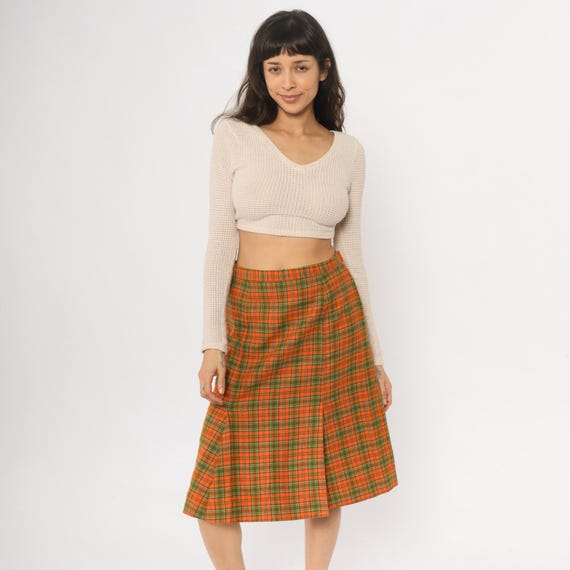 70s Plaid Skirt Orange Green Tartan Check Pattern High Waisted A Line Knee Length Dark Academia Preppy Autumn Fall Colors Vintage Small S