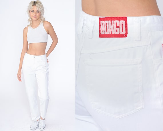 White Mom Jeans 90s Bongo Jeans Retro High Waisted Rise Slim Tapered Leg Denim Pants Plain Skinny Streetwear Basic Vintage 1990s Small S 28