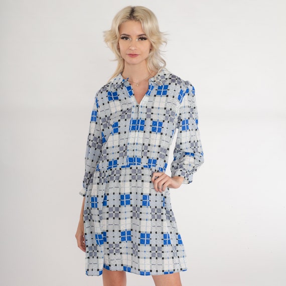 70s Plaid Dress Checkered Mini Dress Puff Sleeve High Waisted Pointed Flat Collar Grey Blue Day Dress Vintage 1970s Jonathan Martin Medium M