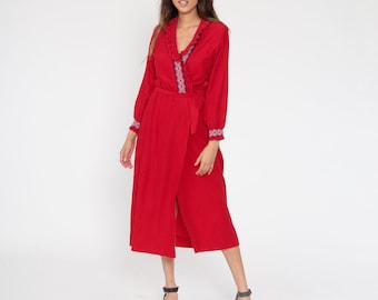 70s Robe Dress Maxi Loungewear Dress Wrap  Pajama Dress Boho Red BELTED Vintage Lounge Wear Bohemian Retro Small Medium
