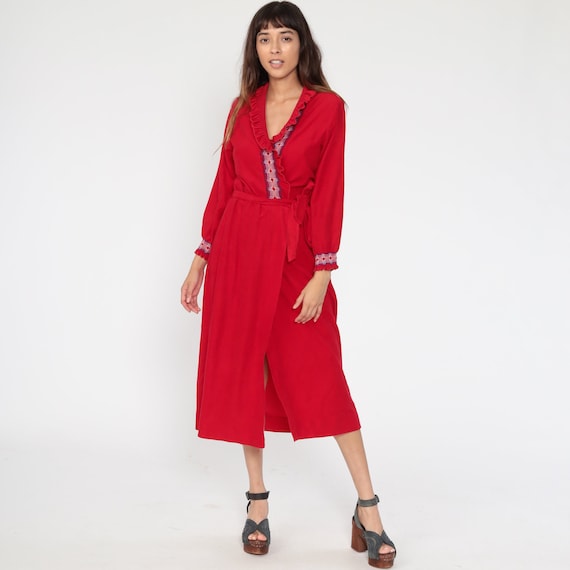 70s Robe Dress Maxi Loungewear Dress Wrap  Pajama Dress Boho Red BELTED Vintage Lounge Wear Bohemian Retro Small Medium
