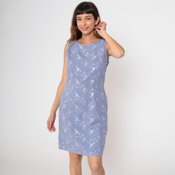 Embroidered Gingham Dress 90s Blue White Floral Sleeveless Mini Cottagecore Prairie PicnicRomantic Feminine Boho Checkered Classic Medium M