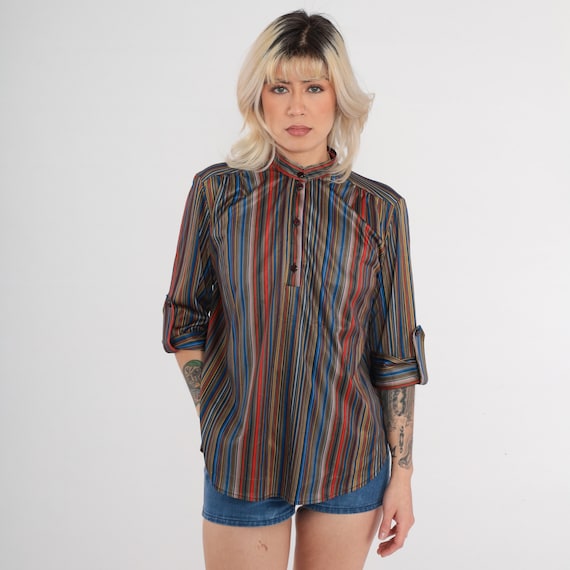Vintage 70s Striped Shirt Mandarin Collar Black Red Blue Shirt Roll Tab Sleeve Blouse Boho Top Quarter Button Up 1970s Collared Medium