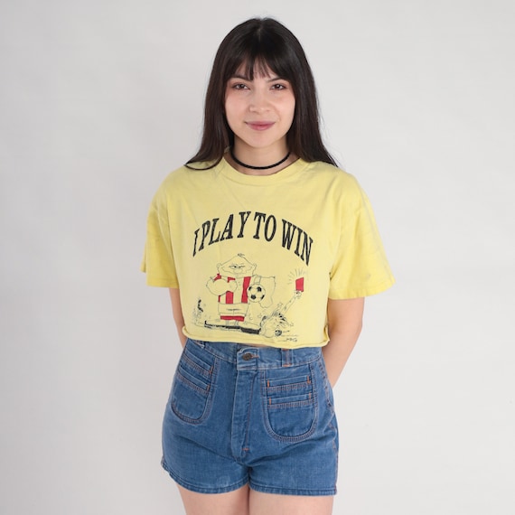 I Play To Win Shirt 90s Crop Top Funny Soccer Graphic Tee Cropped T-Shirt Retro Joke Sports Referee Card Yellow Vintage 1990s Medium Large
