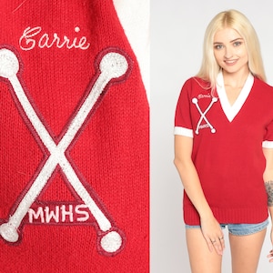 80s Cheerleader Shirt Red Knit Cheer Sweater Top Retro Preppy Ringer Tee Carrie Baton Crest Patch V Neck Acrylic White Vintage 1980s Small S