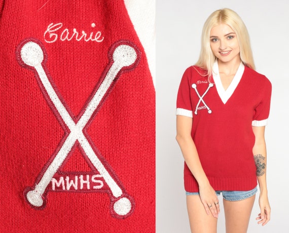 80s Cheerleader Shirt Red Knit Cheer Sweater Top Retro Preppy Ringer Tee Carrie Baton Crest Patch V Neck Acrylic White Vintage 1980s Small S