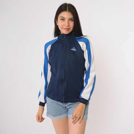 Adidas Tracksuit Jacket 90s Vintage Navy Blue White Colorblock Zip Up Track Jacket Sporty Athletic Stripes Classic Logo Streetwear Small S