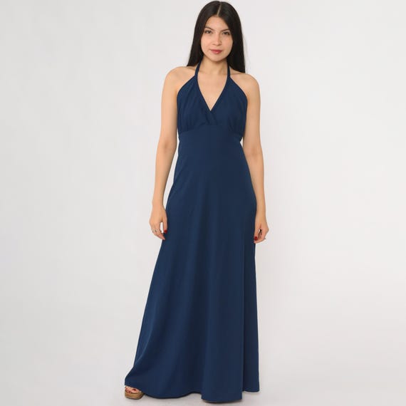 Navy Blue Halter 70s Maxi Dress Backless Disco Evening Gown Summer Party Sleeveless Tie Neck Floor Length Small Medium S M