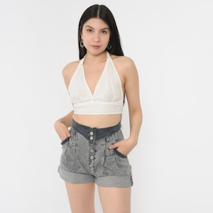 Vintage Grey Acid Wash Denim Shorts 80s Jean Shorts Corduroy Trim Pleated Shorts Button Fly High Rise Waist Retro 1980s Extra Small xs