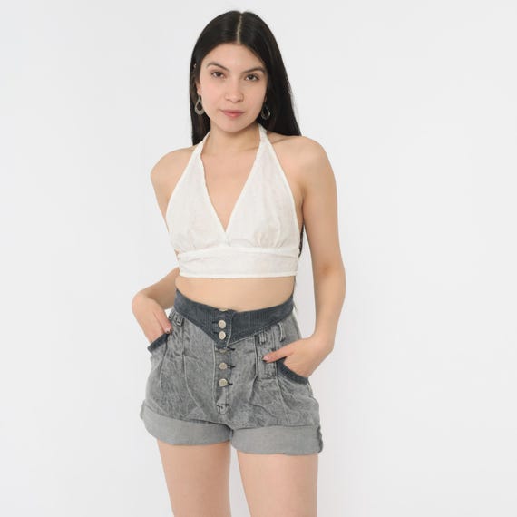 Vintage Grey Acid Wash Denim Shorts 80s Jean Shorts Corduroy Trim Pleated Shorts Button Fly High Rise Waist Retro 1980s Extra Small xs