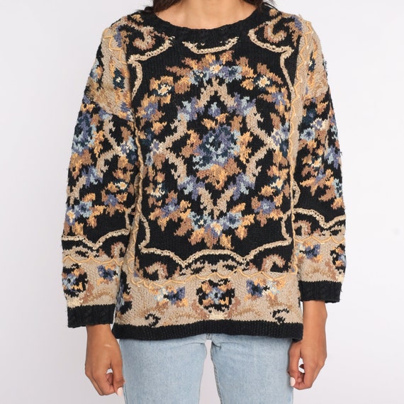 Black Floral Sweater 90s Boho Graphic Print Cotto… - image 5