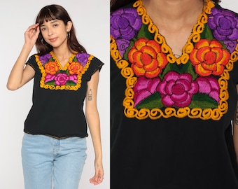 Mexican EMBROIDERED Blouse Black Flower Shirt Hippie Top Floral Shirt Red Boho Shirt FESTIVAL Tunic Bohemian Vintage Purple Extra Small xs