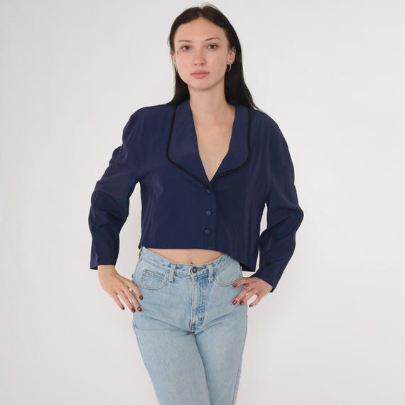 80s Navy Cropped Blouse Plain Button Up Crop Top 1980s Long Sleeve Shirt Black Trim Collar Shirt V Neck Party Top Vintage Plain Large 13/14