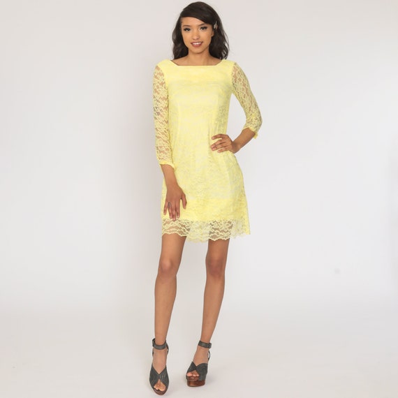 Mod Lace Dress 60s Mini Yellow Party Cocktail 196… - image 2