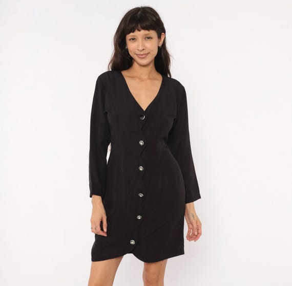 90s Rhinestone Button Dress Black V Neck Scalloped Front Long Sleeve Mini La Belle Cocktail Party Evening Going Out Wrap Vintage Medium M