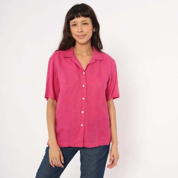Fuchsia Linen Shirt 80s Button Front Camp Collar Blouse Hot Pink Short Sleeve Top Rose Summer Magenta V Neck Notched Lapel Vintage Medium M