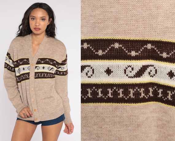 Brown Wool Cardigan 70s Virgin Wool Sweater Grandpa Sweater Grunge Button Up 1970s Slouchy Knit Sweater Vintage Knitwear Large L 44