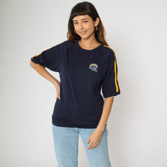 Vintage San Diego Chargers T-Shirt 90s Navy Blue Football Tee Yellow Striped Sleeve Embroidered Helmet NFL 1990s Unisex Medium M