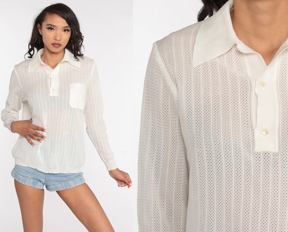 70s Boho Blouse White Cutout Shirt SHEER Top Bohemian Tunic Cutout Shirt Boho Hippie Vintage Long Sleeve Cut Out Polo Large