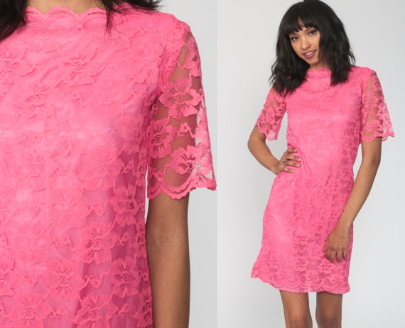 Pink LACE Dress 60s Mod Mini Party Dress 1960s Cocktail Dress Shift Dress Vintage Boho Short Sleeve Formal Bohemian Dress Extra Small xs