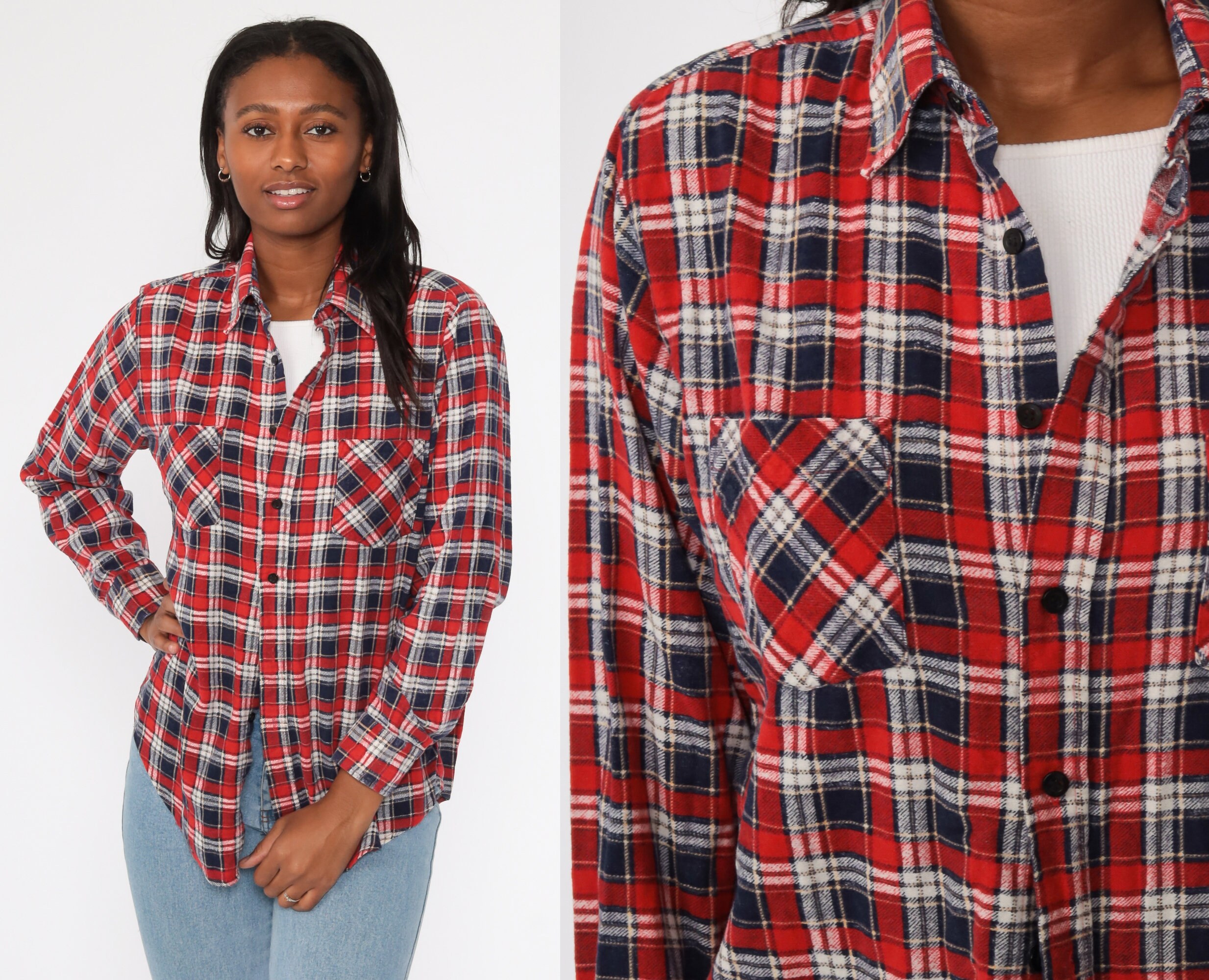 blue and white flannel shirt womens