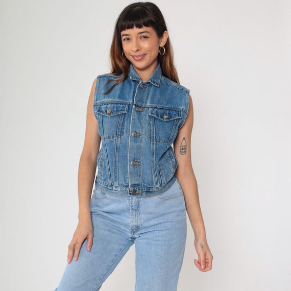 Denim Vest Top 90s Arizona Blue Jean Button up Tank Top Sleeveless Jacket Retro Streetwear Plain Biker Vintage 1990s Medium M