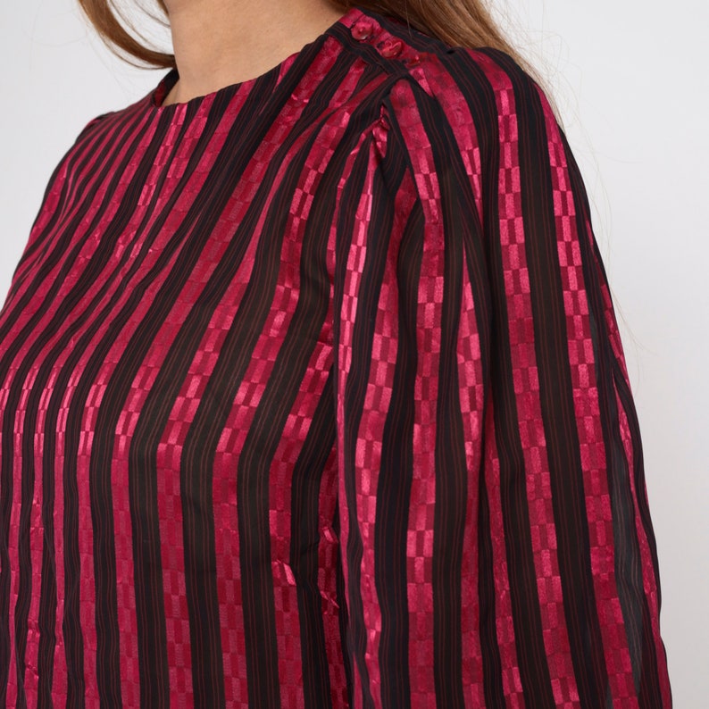 Shiny Striped Blouse 80s Puff Sleeve Top Semi-Sheer Shirt Checkered Pink Black Vertical Stripes Secretary Glam Bohemian Vintage 1980s Small image 7