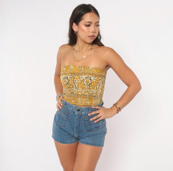 70s Block Print Tube Top Yellow Mustard Floral Smocked Strapless Cotton Crop Top Bandeau Black Indian Print Blouse Extra small Medium